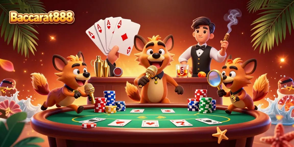Experience exciting Baccarat888 gameplay amidst lively hyenas in this vibrant casino scene.