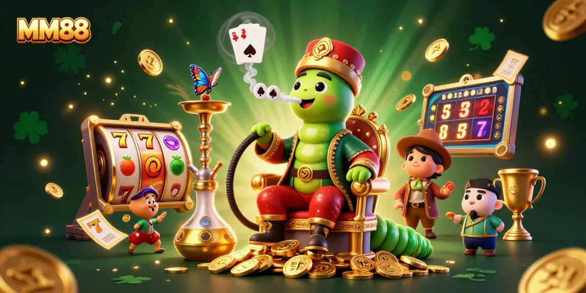 Win at MM88 with vibrant slot game elements and a magical caterpillar scene.