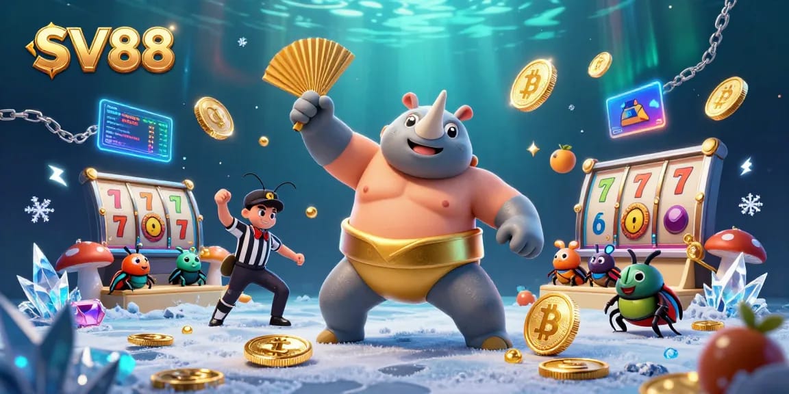 Experience thrilling SV88 slot gaming with a dynamic scene of beetles amidst flying coins and neon crypto elements.