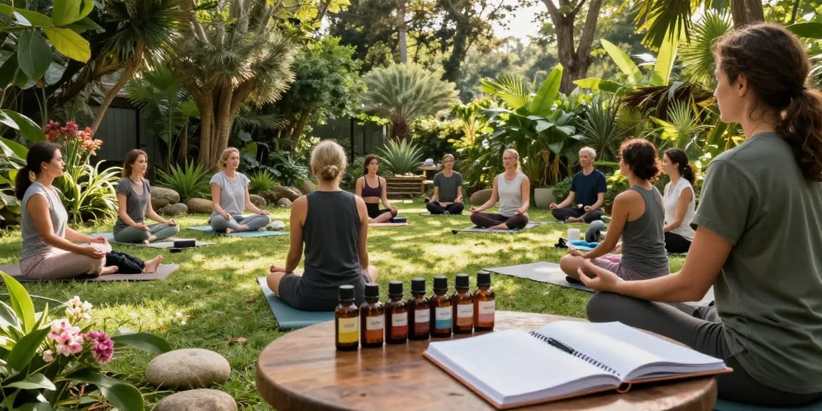 Ministry of Cannabis CBD wellness scene with yoga class and natural hemp products in a tranquil outdoor setting.