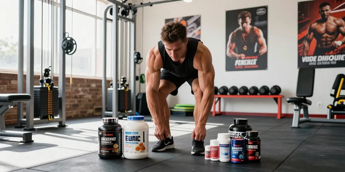 Athlete in Steroide Boutique environment preparing for competition with supplements and gym equipment.