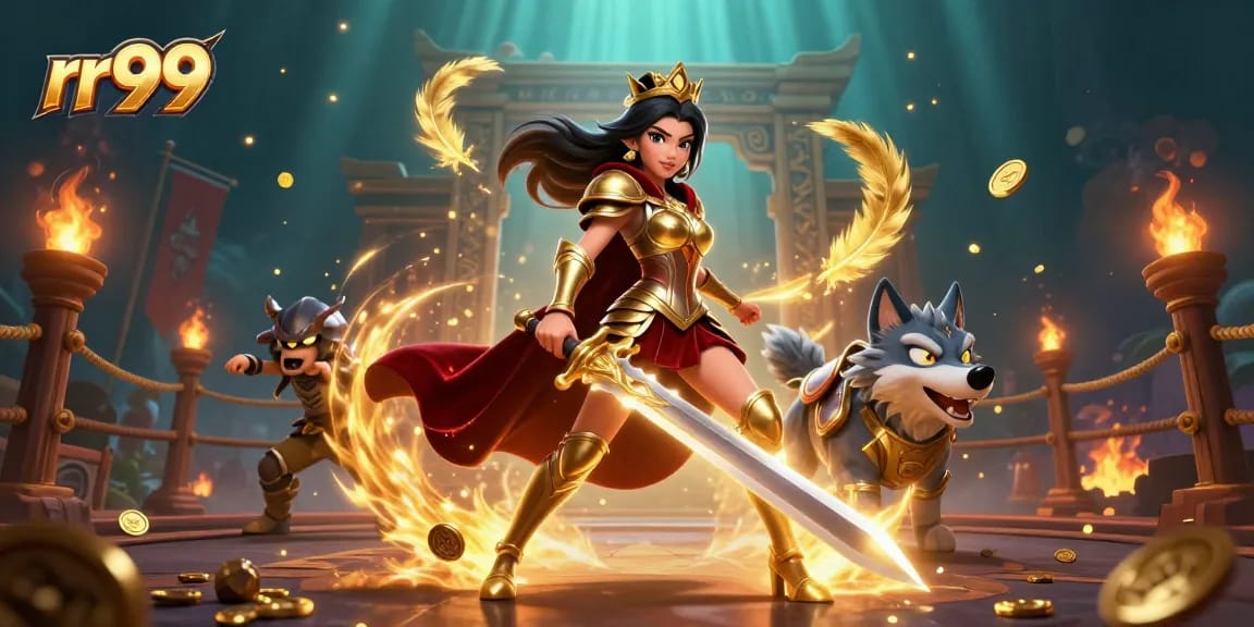 Engage with the immersive rr99 gaming experience featuring a victorious warrior queen and a glowing wolf in action.