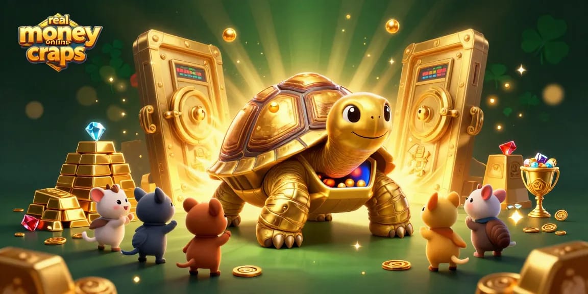 Engage with real money online craps showcased in a vibrant 3D illustration featuring a golden tortoise and vibrant game elements.