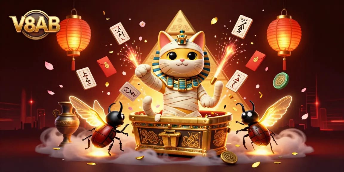 Experience the exciting V8AB gaming atmosphere with a mummy cat and scarab beetle in a dynamic casino scene.