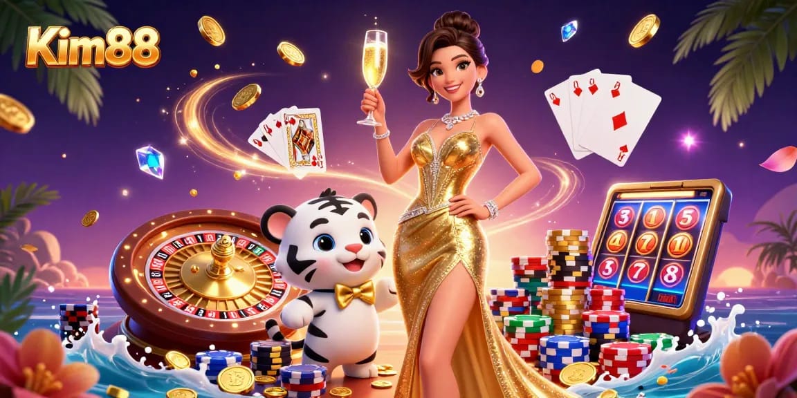 Engage in fun and excitement with Kim88, featuring a glamorous woman and a lucky tiger in a casino setting.