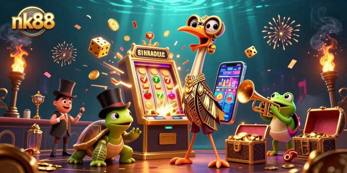 Spin and win at nk88 with a vibrant casino scene featuring slot machines and cartoon characters.