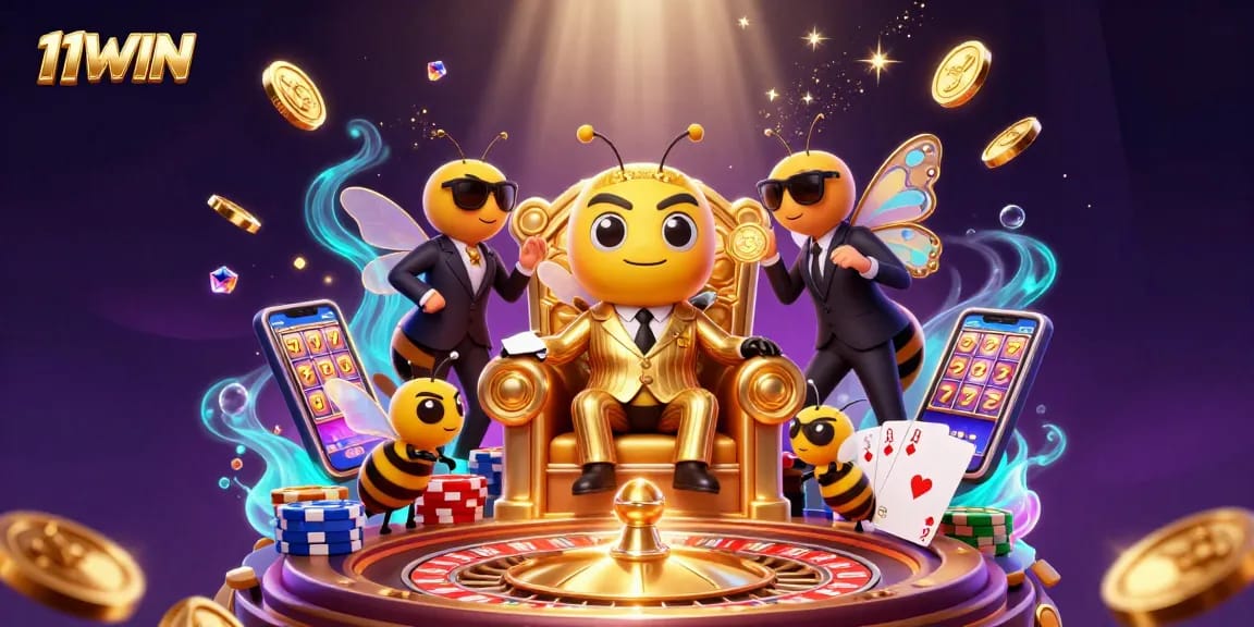 Experience the excitement of 11WIN with a dynamic casino-themed illustration featuring games and gold.