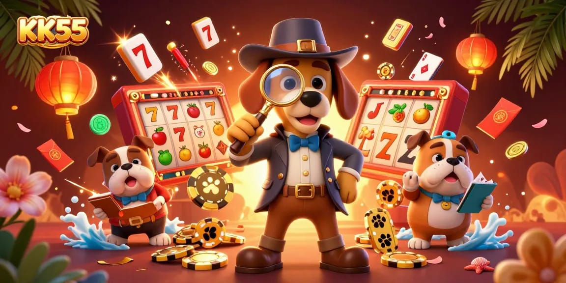 Experience thrilling action at KK55 with a detective unveiling poker chip clues among vibrant casino elements.