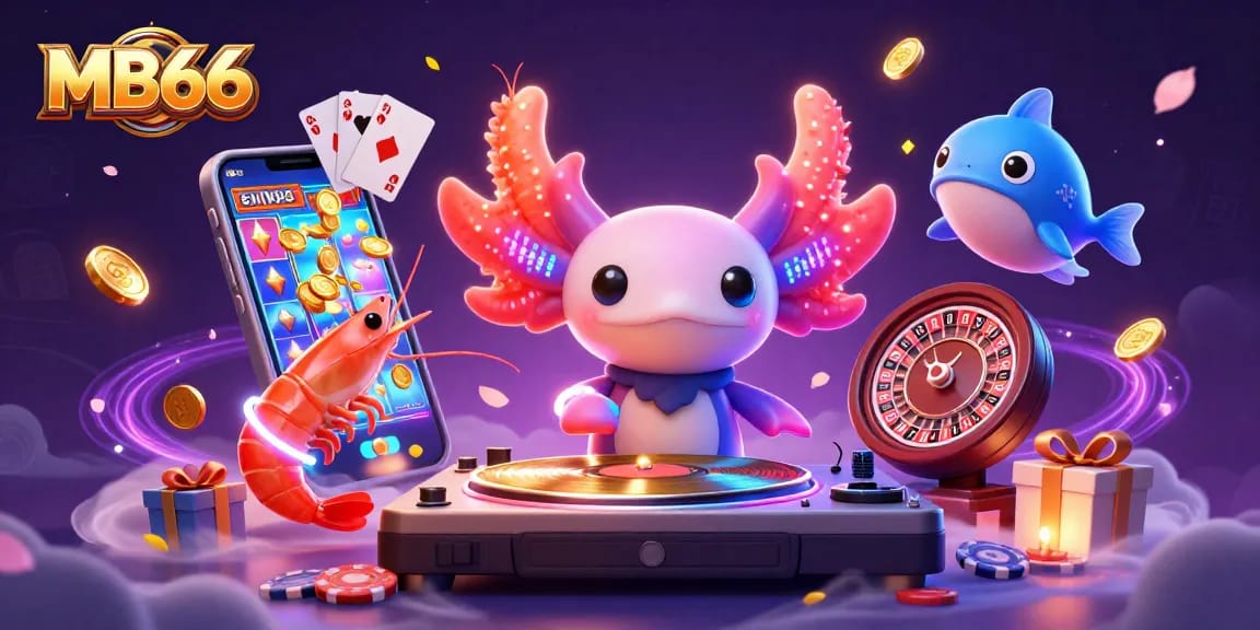 Experience MB66's vibrant casino scene with a neon axolotl DJ and dazzling game elements.