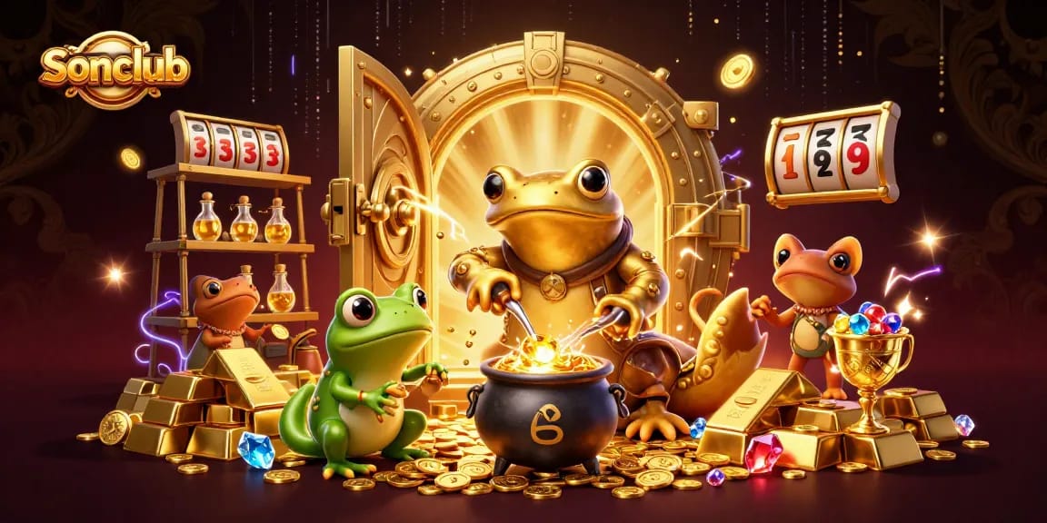 Engage with sonclub's vibrant gaming universe featuring a golden salamander in a magical lab.