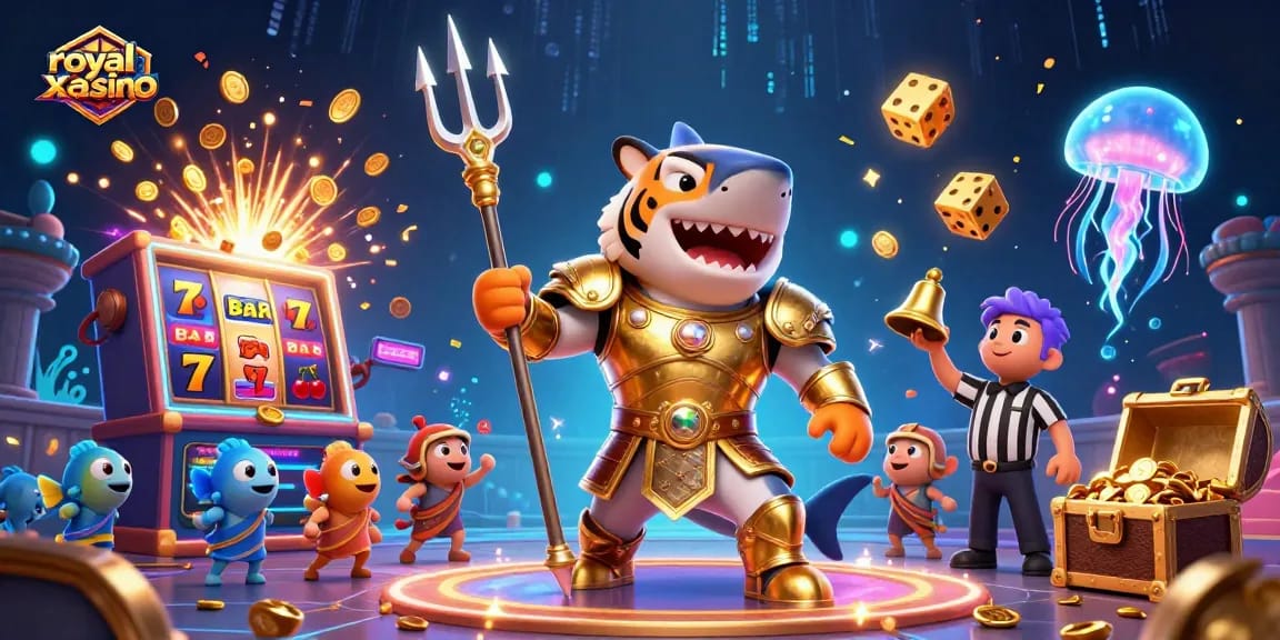 Royal x casino features a tiger shark in gladiator armor amidst dynamic casino elements