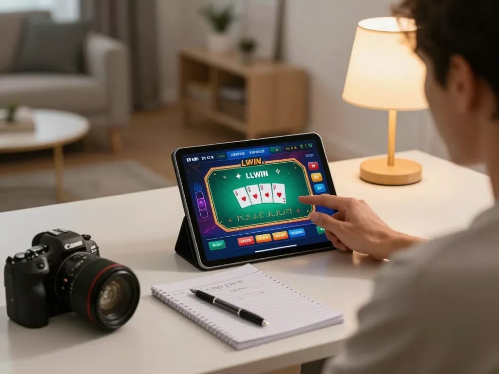 Engaging in LLWIN Download gameplay with vibrant poker interface on tablet at cozy home desk