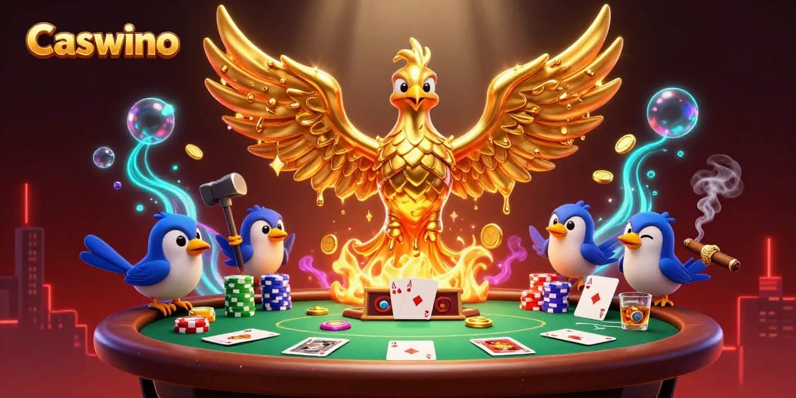Experience thrilling gameplay with Caswino at this vibrant casino scene full of gold and poker excitement.
