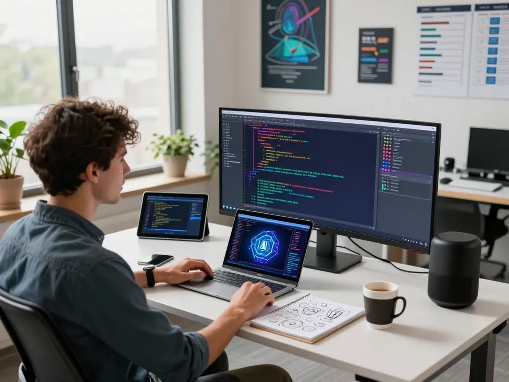 Developer utilizing openclaw for AI programming in a modern workspace, showcasing vibrant code and tech gadgets.