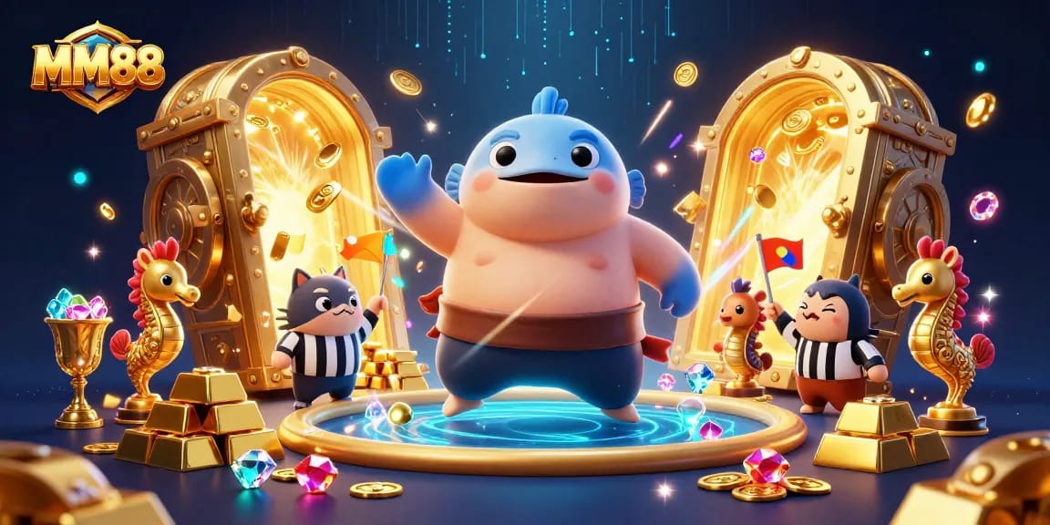 Witness MM88's thrilling underwater casino scene featuring a giant fugu and wise catfish amidst treasure.