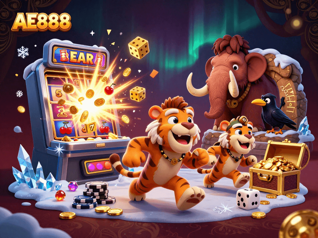 Experience the thrill of AE888 with a vibrant prehistoric casino scene featuring thrilling slot game action.