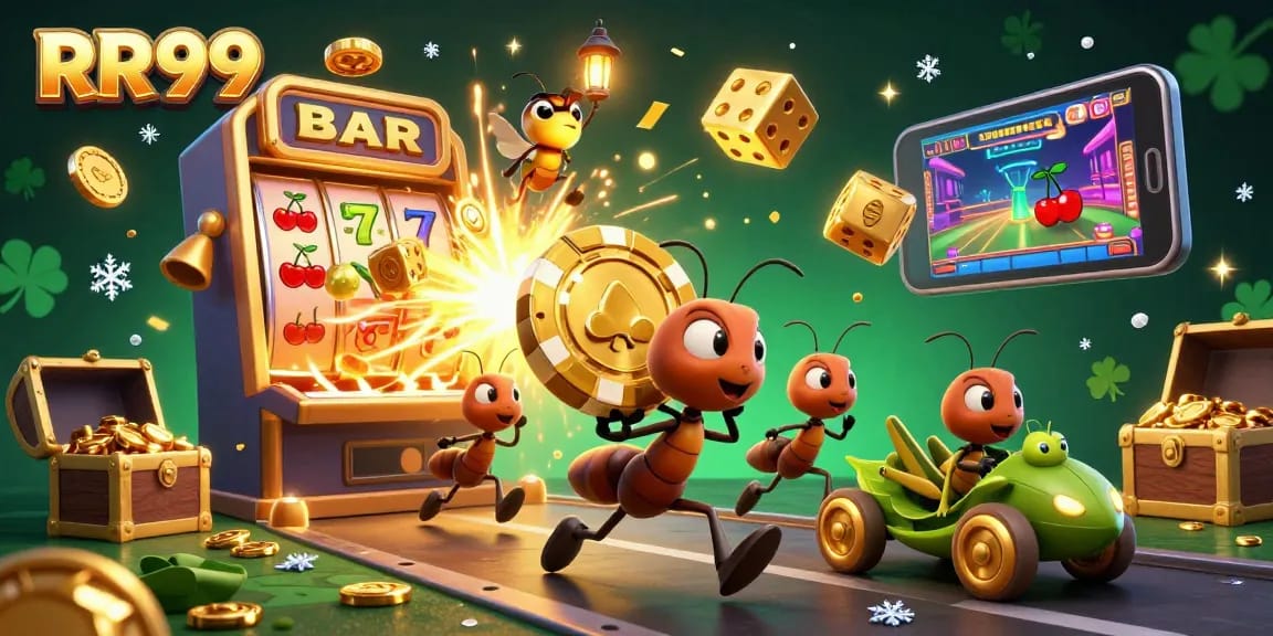Engage in the thrilling world of RR99 with ants in a casino heist, vibrant slot machine explosion.