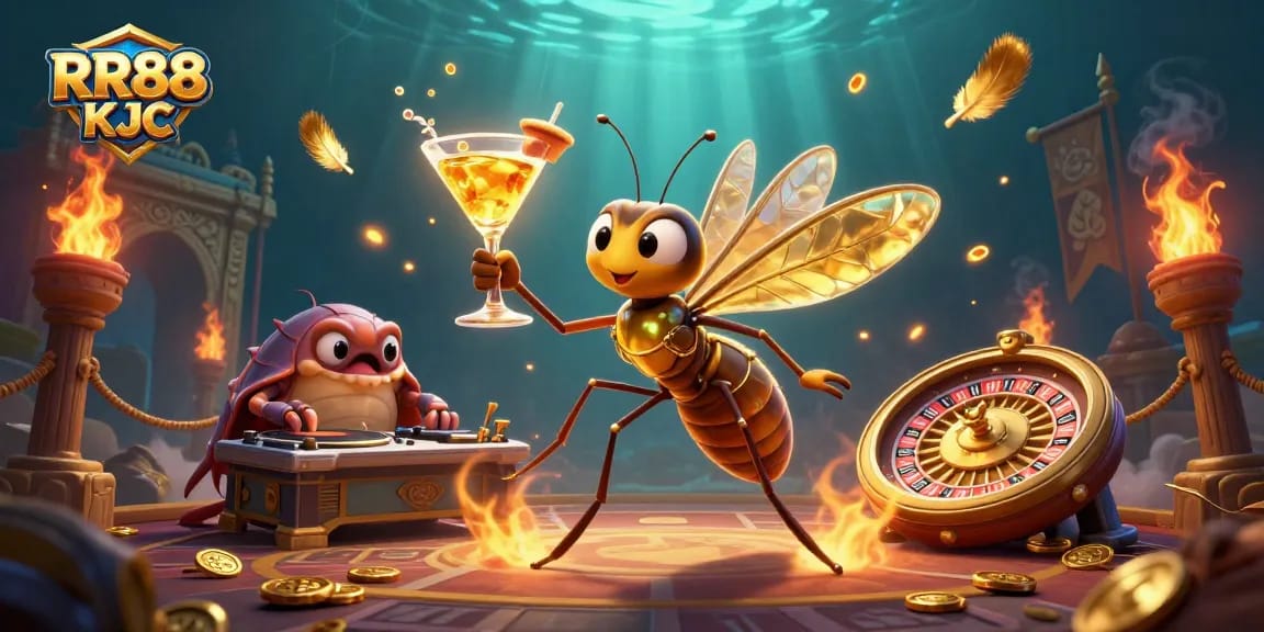 Engage in exciting gameplay with RR88 KJC featuring a unique 3D casino mascot and vibrant casino elements.