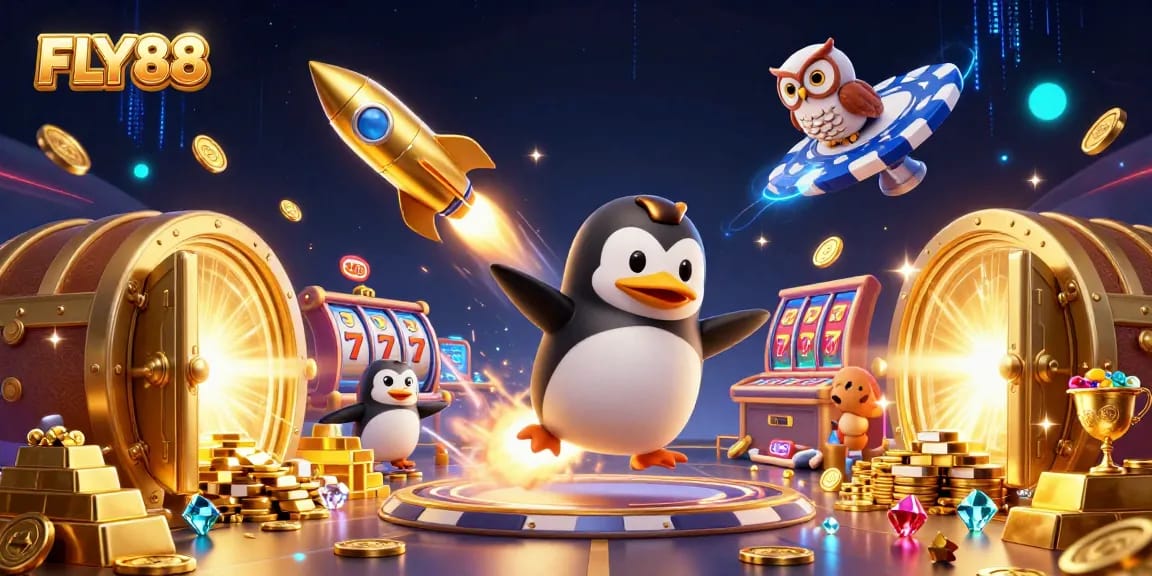 FLY88 showcases a rocket-powered penguin flying to a casino in a dazzling 3D illustration.