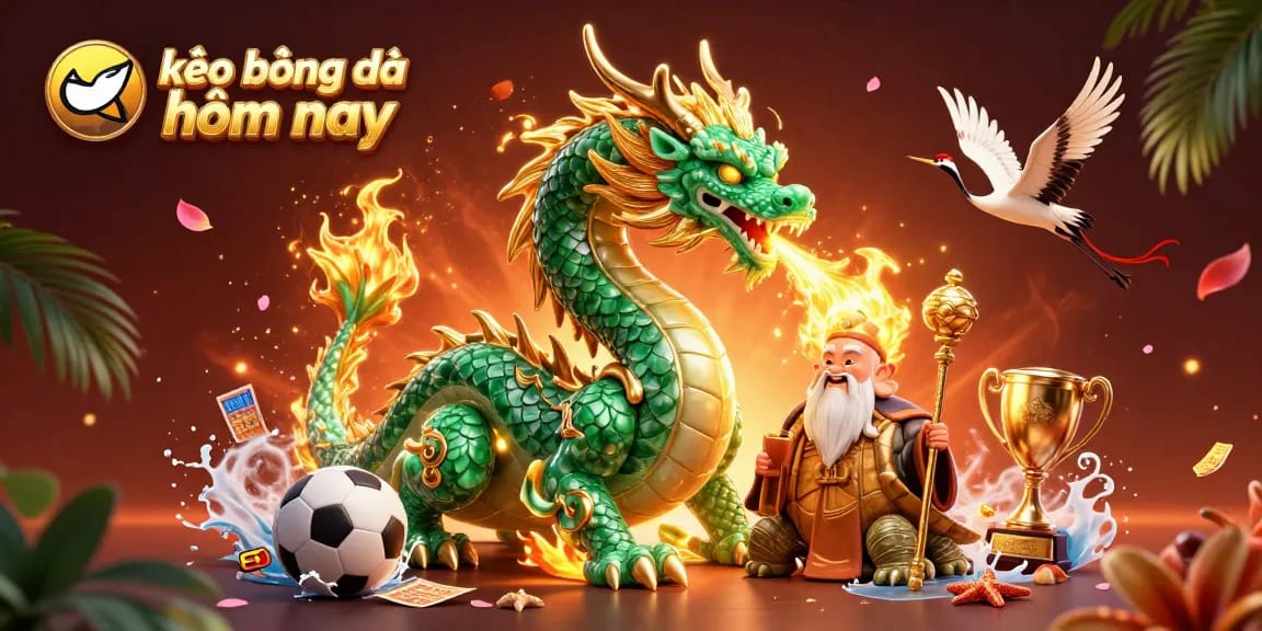 Bet on kèo bóng đá hôm nay with a striking illustration of a jade dragon and vibrant betting elements.