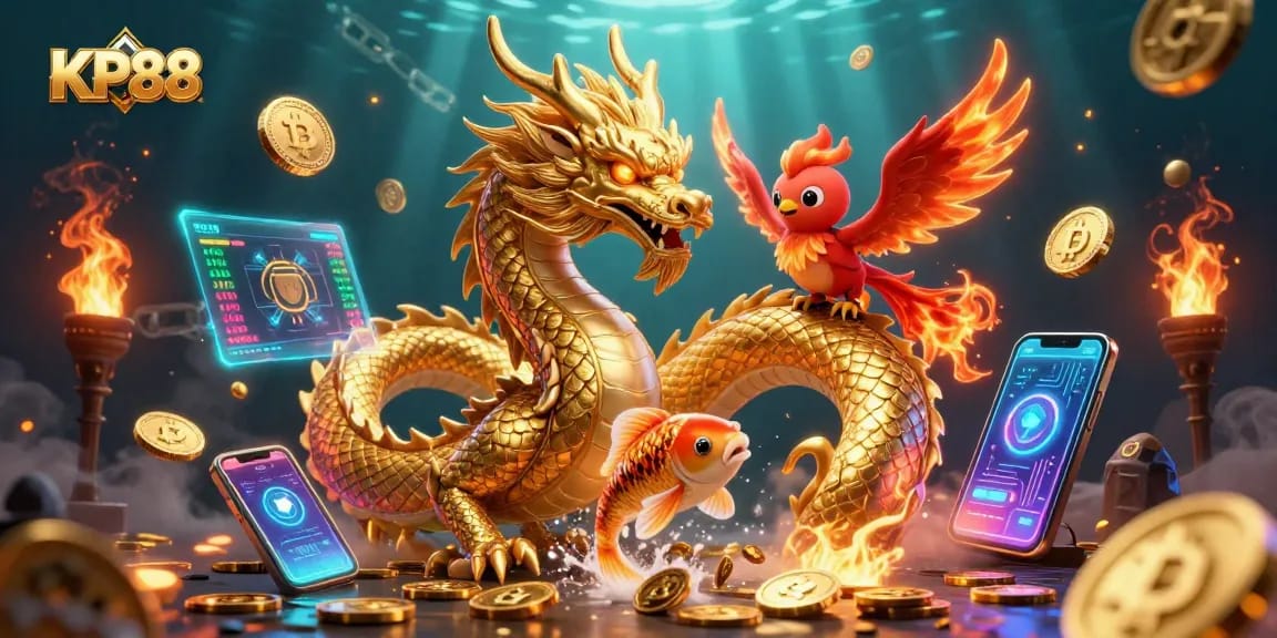 Engage with KP88's vibrant 3D casino illustration featuring a golden dragon and crypto elements.