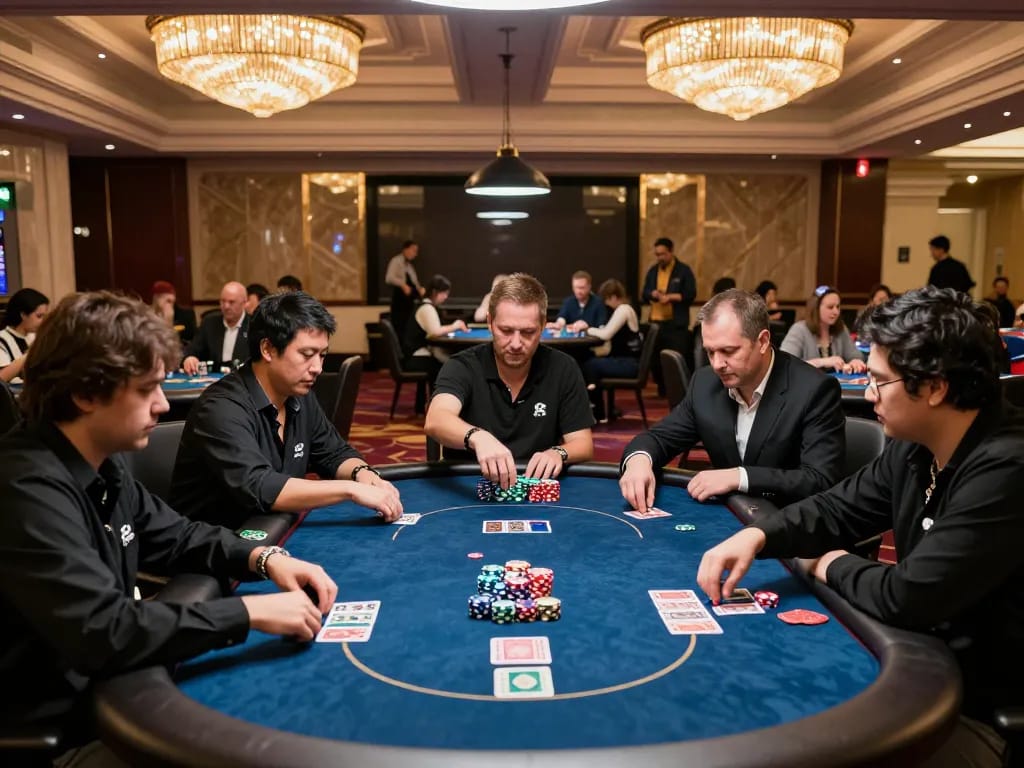 Engaging poker players strategically placing bets at the nk 88 tables in a vibrant casino atmosphere