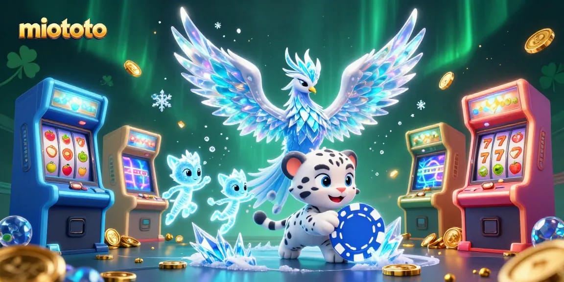 Spin the reels at miototo with an enchanting scene of an ice phoenix and playful sprites.