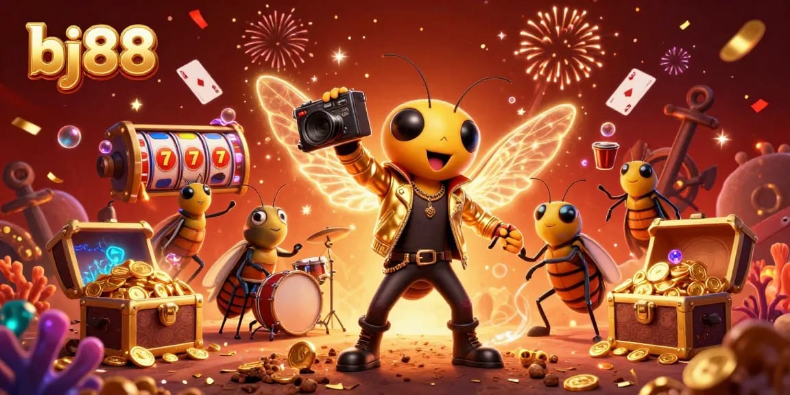 Bettors celebrate winning with vibrant 3D bj88 casino characters and floating slot reels in a festive atmosphere.