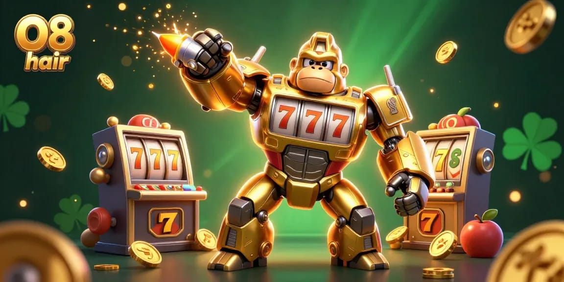 O8 hair transforms luck with a golden gorilla mech, jackpot reels, and basking in slot excitement.
