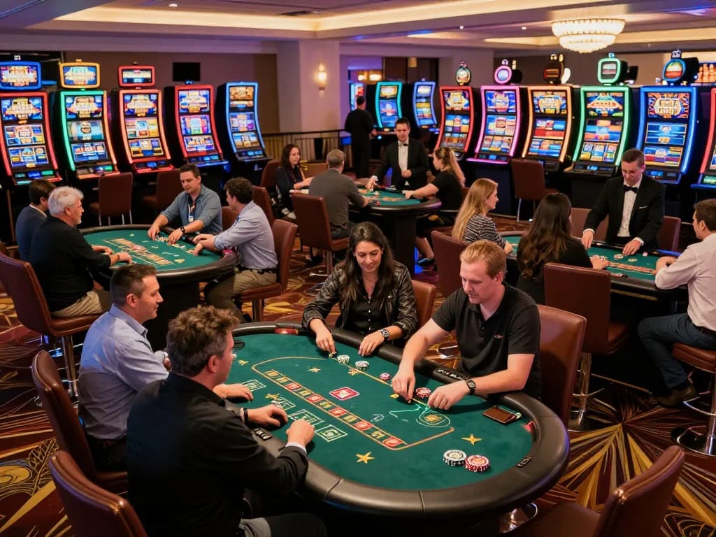 Kwin players engaging in dynamic casino gameplay, vibrant table setting with colorful chips and cards