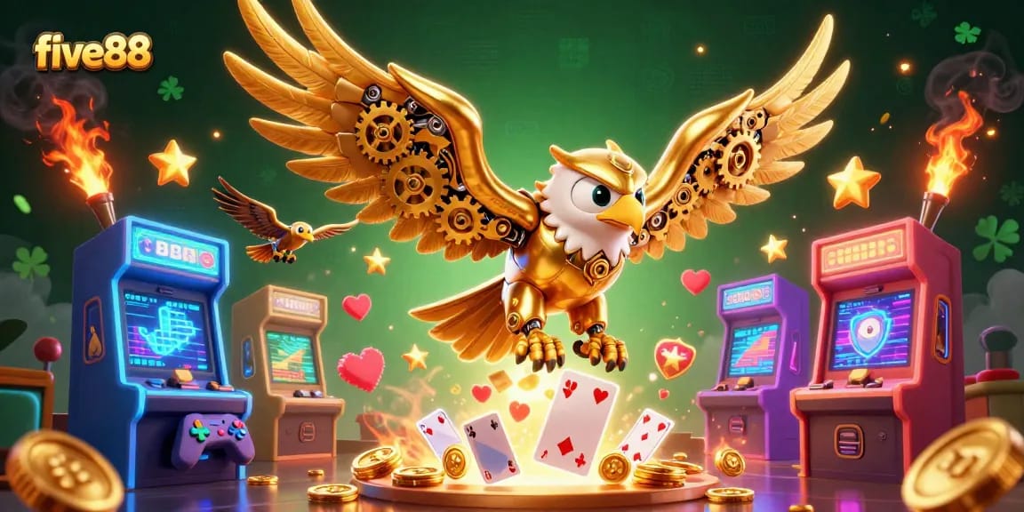 Experience thrilling gameplay with five88 in this vibrant 3D illustration showcasing casino elements.