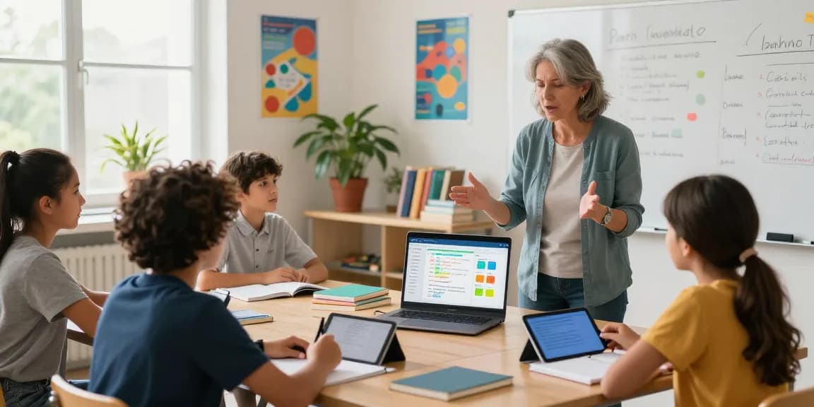 Teacher using EMStudio online lesson planner in a vibrant classroom while engaging students in lesson plans and collaborative learning.