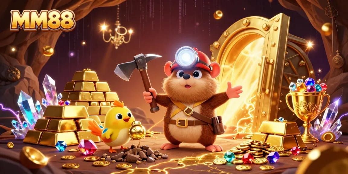 Experience bonuses and wins at MM88 with treasure hunting characters in a vibrant casino scene.