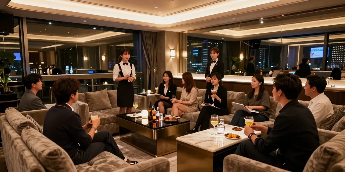 강남구구단의 고급스러운 개인 룸에서 즐거운 분위기의 밤을 만끽하는 모습