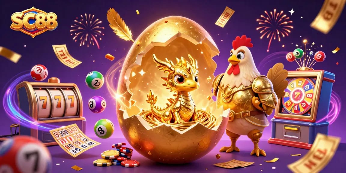Win big with SC88 as a golden dragon emerges from a nest of poker chips in this vibrant casino scene.