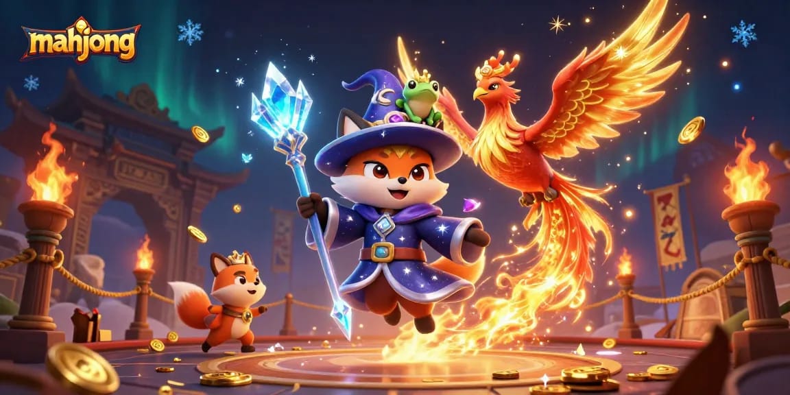 Engage in thrilling mahjong gameplay with a mystical wizard, fiery phoenix, and a crowned frog in a spectacular setting.