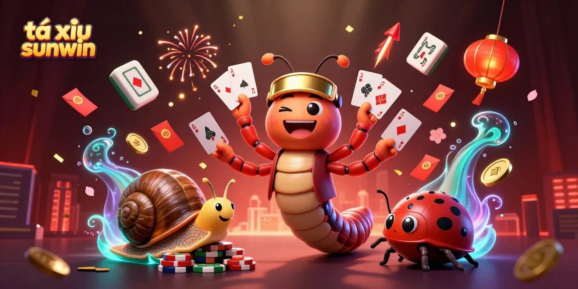 Tài xỉu sunwin gaming spectacle with a 3D cartoon millipede dealer in action, delivering cards amidst vivid decorations.