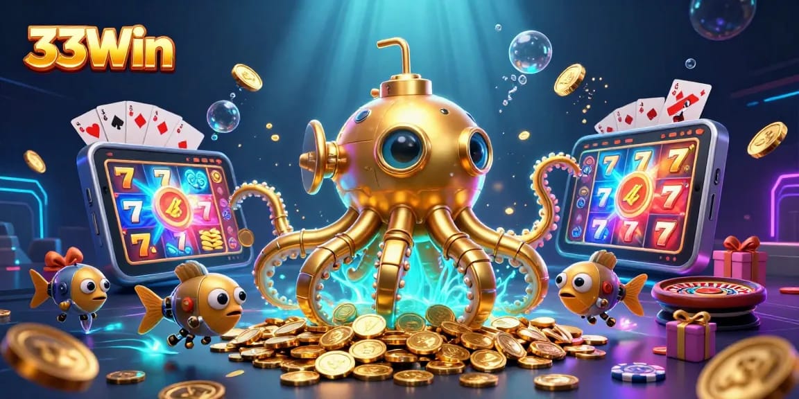 Engage with the 33Win platform through a vibrant underwater scene featuring the golden kraken and gaming elements.