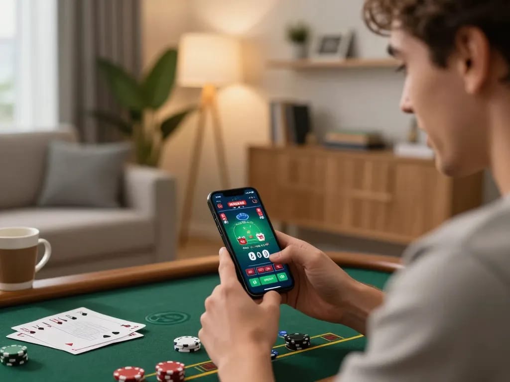 Player enjoying debet online gaming on a smartphone in a cozy living room.