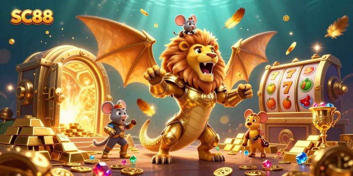 Experience SC88's thrilling adventure with a golden chimera and treasure scene filled with slots and gems.
