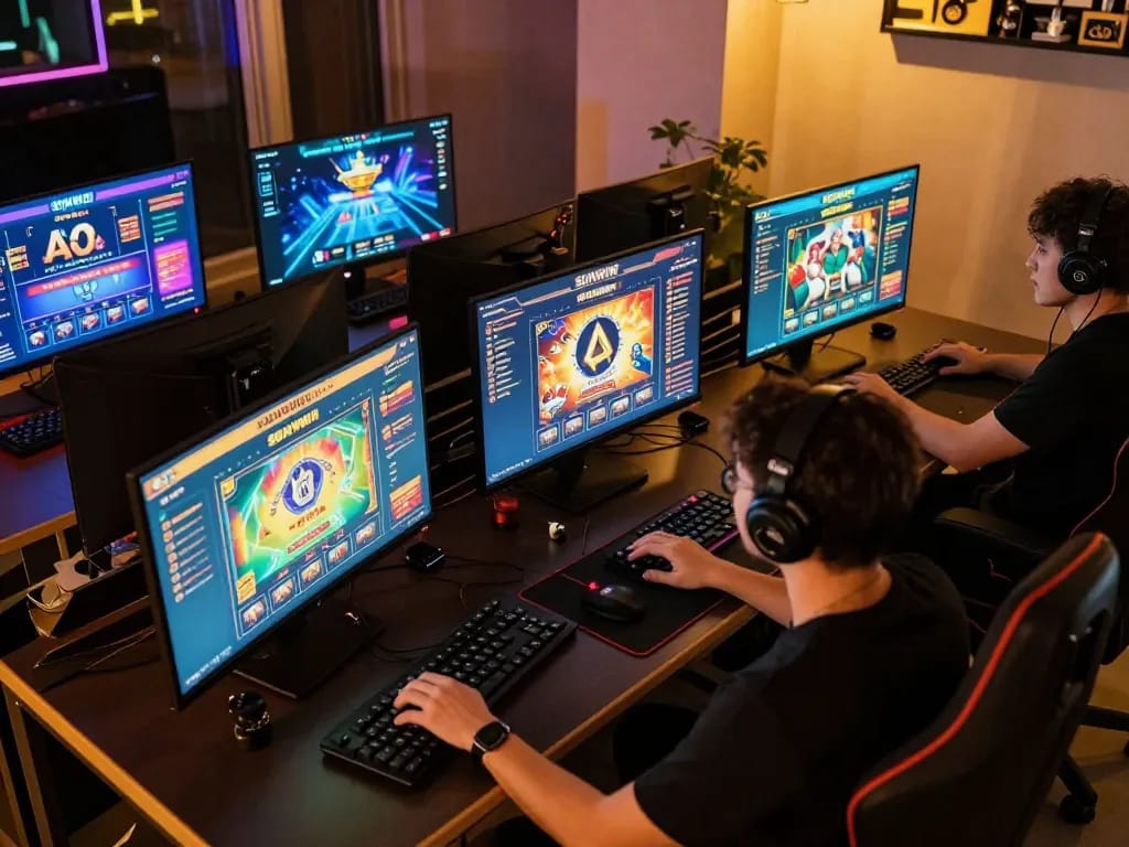 SUNWIN player immersed in online casino games at modern desk setup, highlighting strategic gameplay.