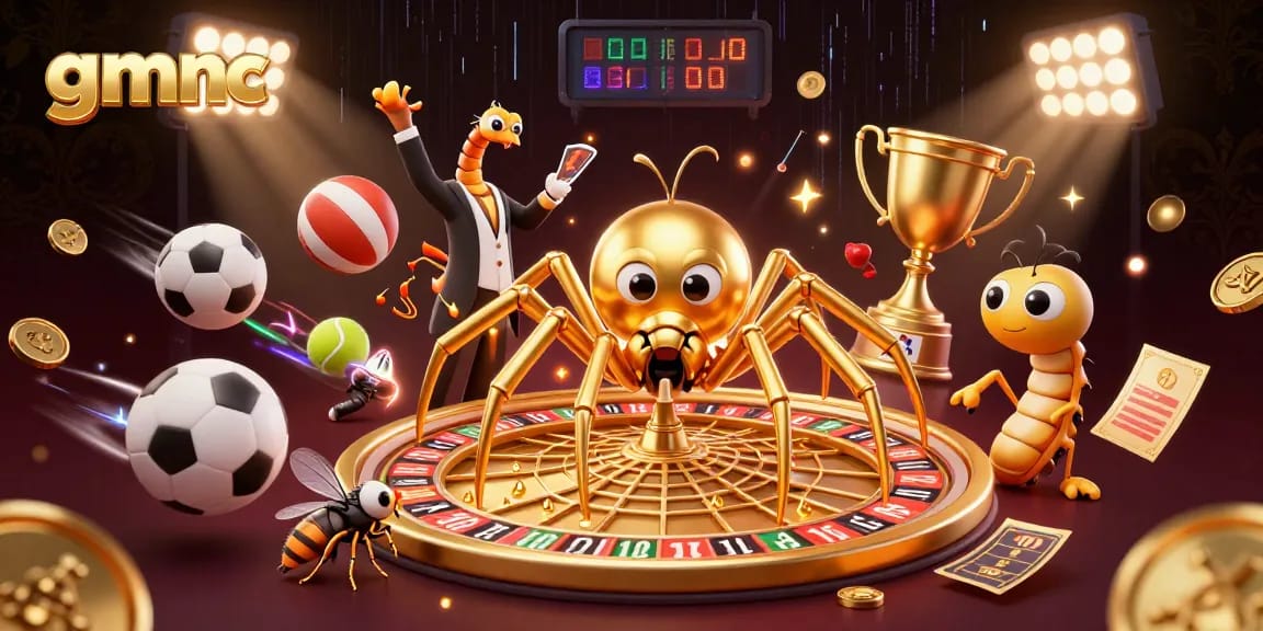 Bettors embrace gmnc's dynamic casino scene, with a golden spider spinning a roulette wheel web and a centipede croupier.