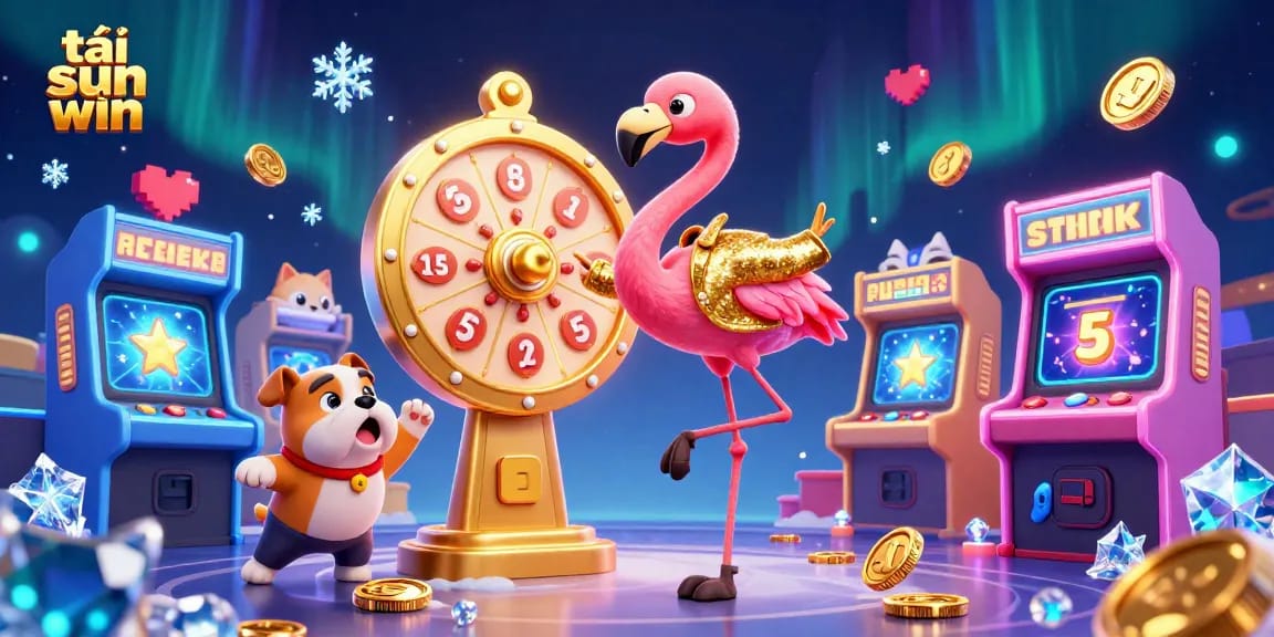 Engage in thrilling games with tải sun win; vibrant cartoon casino scene featuring a prize wheel and game elements.
