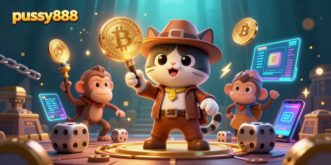 Experience the thrill of pussy888 as the 3D explorer cat discovers golden casino treasures amidst vibrant gaming elements.