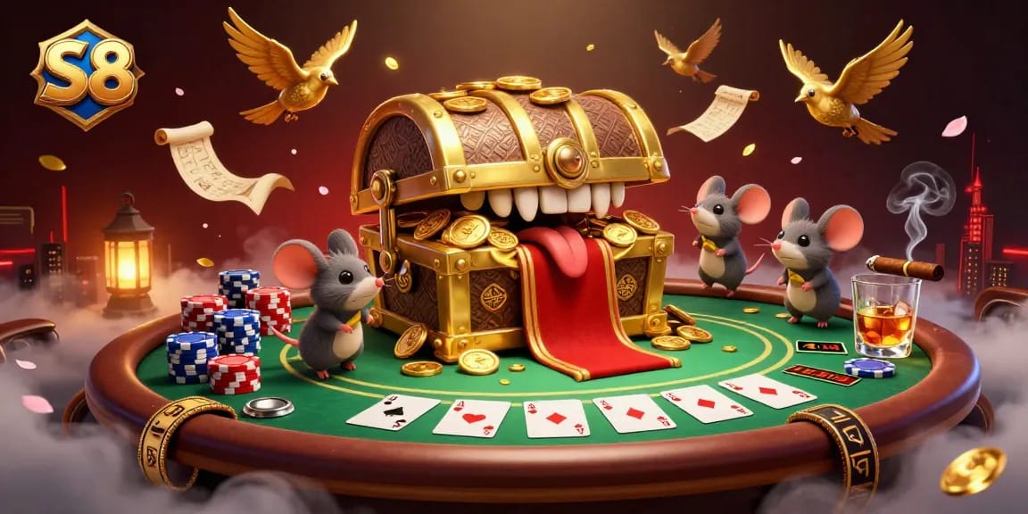 Engage in S8's thrilling casino adventure with a vibrant treasure chest, poker elements, and festive lighting.