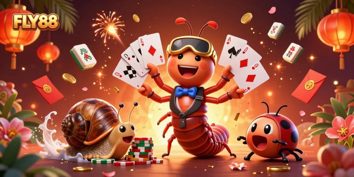 Engage with FLY88's lively casino atmosphere featuring a millipede dealer, vibrant game elements, and excitement all around.