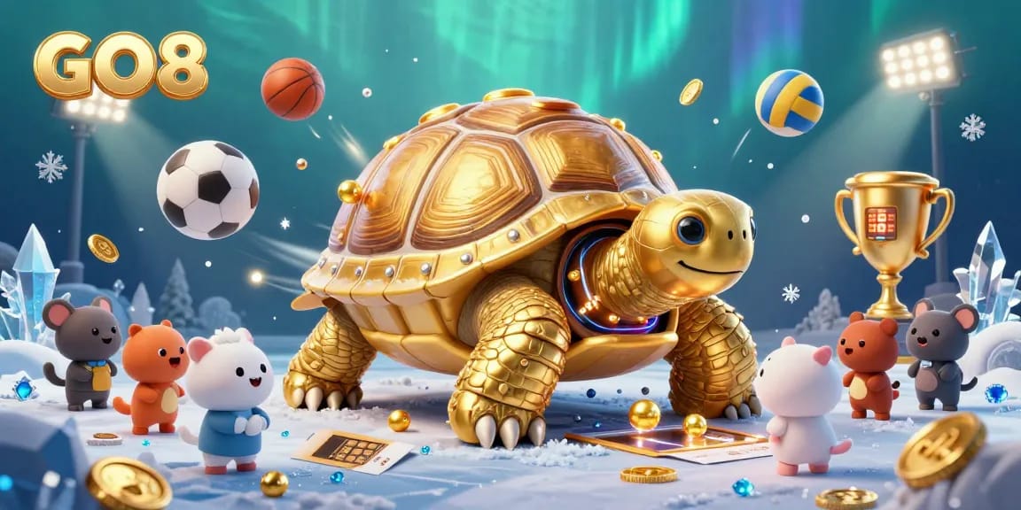 Experience thrilling gameplay with GO8, featuring a magnificent tortoise pinball machine amidst dynamic sports elements.