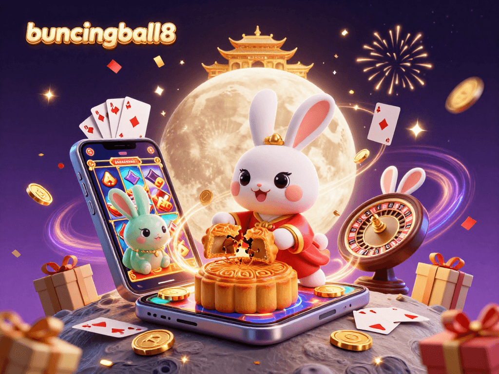 Bounce your luck with bouncingball8's casino games while enjoying a magical lunar casino scene.