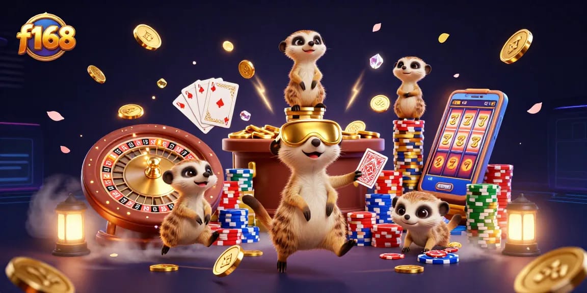 Experience thrilling gaming at f168 with meerkats managing a vibrant casino environment.