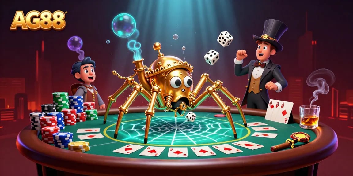 AG88 enhances the thrill of poker with a steampunk spider and charming fly in a vibrant 3D scene.